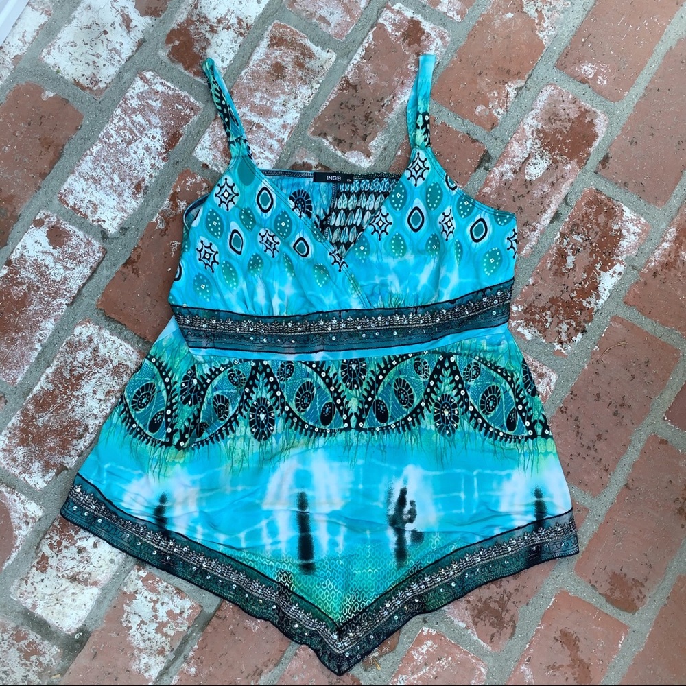 ING Plus Size Teal Multi Spaghetti strap Blouse